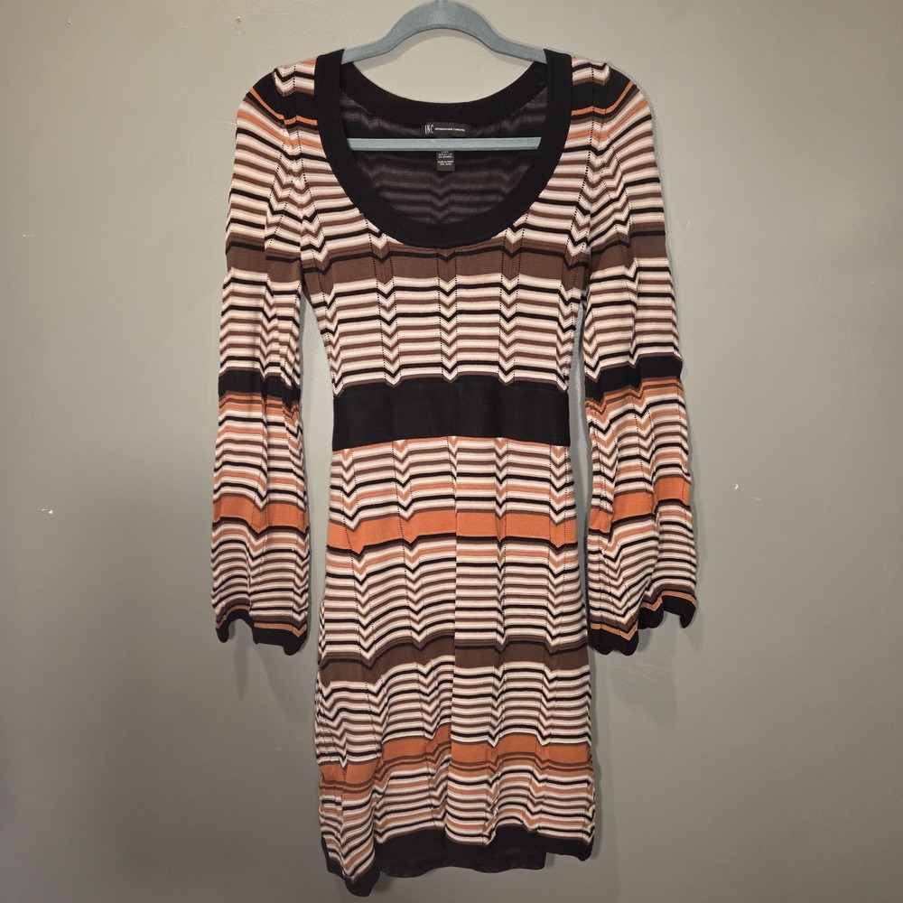 INC Silk Cotton Striped Long Sleeve Knit Dress‎ Boho Retro Style, Women's Size L